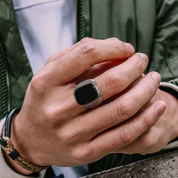 Men's Stainless Steel Rock Punk Onyx Stone Rings, Stylish Solid Metal Signet Ring, Classic Cool Fashion Jewelry Gifts To Father