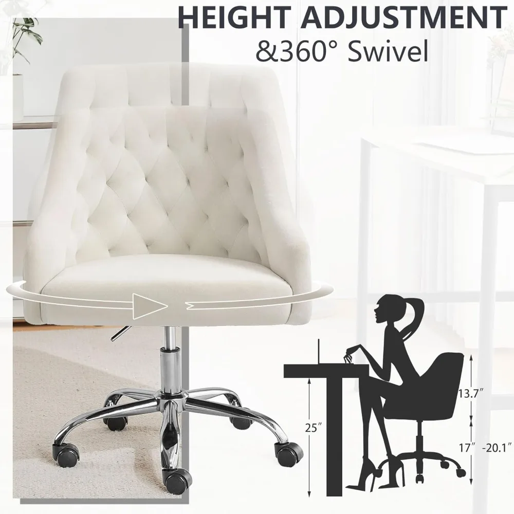 Silla de oficina giratoria aterciopelada: silla de escritorio de tocador ajustable en altura con detalles dorados elegantes para mujer, 360 °   Rotación, cómoda