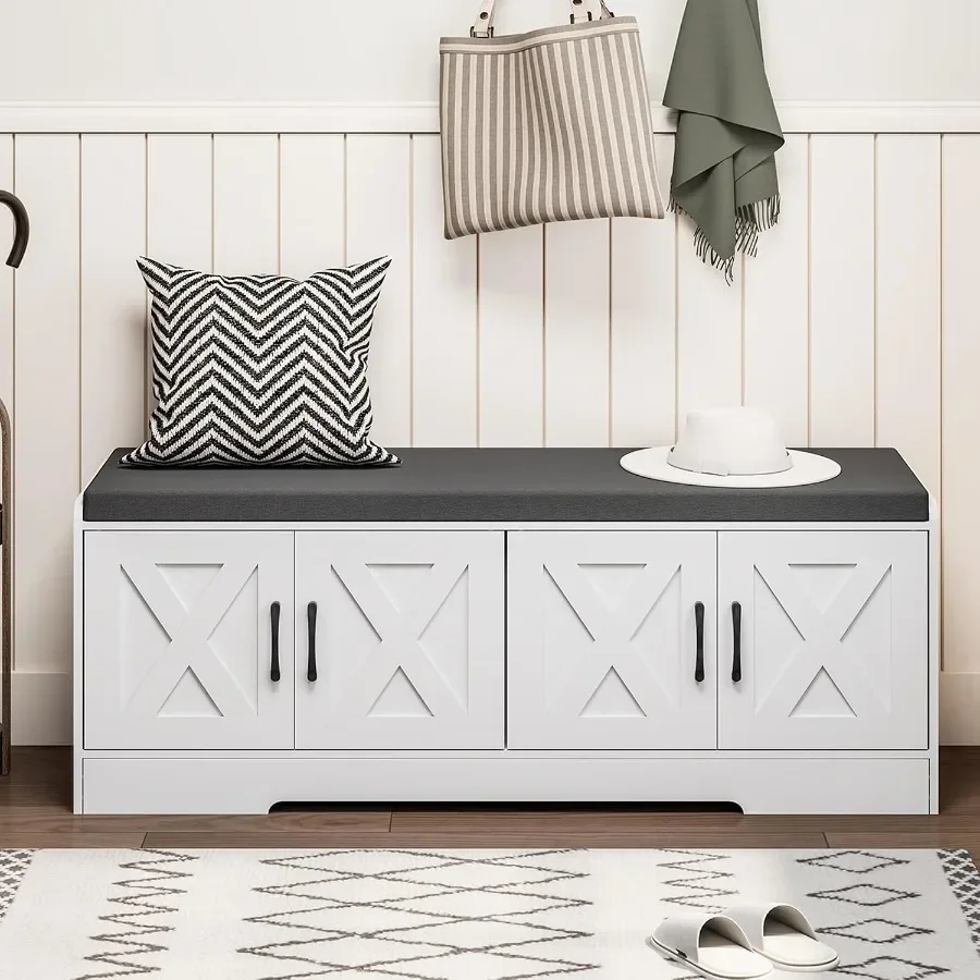 Shoe Storage Bench with Padded Seat Cushion, Farmhouse Shoe Storage Cabinet, Wooden End of Bed Bench with Adjustable Shelves, 4