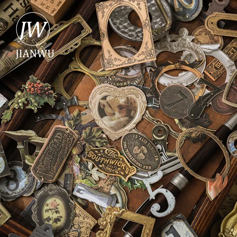 JIANWU Handmade Treasure Chest Series Vintage Label Plant Clip Landscape Material Collage Sticker Creative Journal Stationery