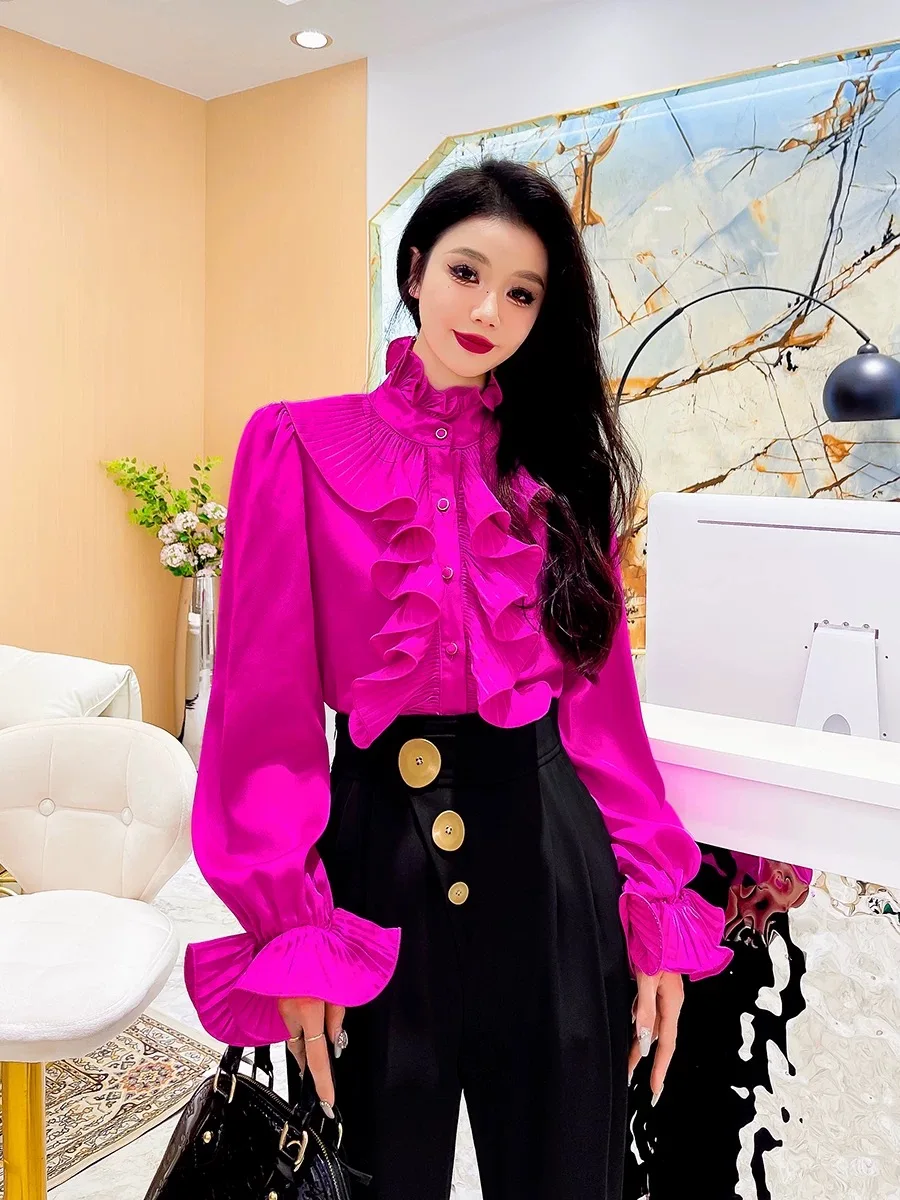 Bright Surface Lady Tops Ruffle Flounce Sweet Shirts Women Autumn Basics Blouse Stand Neck Turtleneck Office Business Shirts