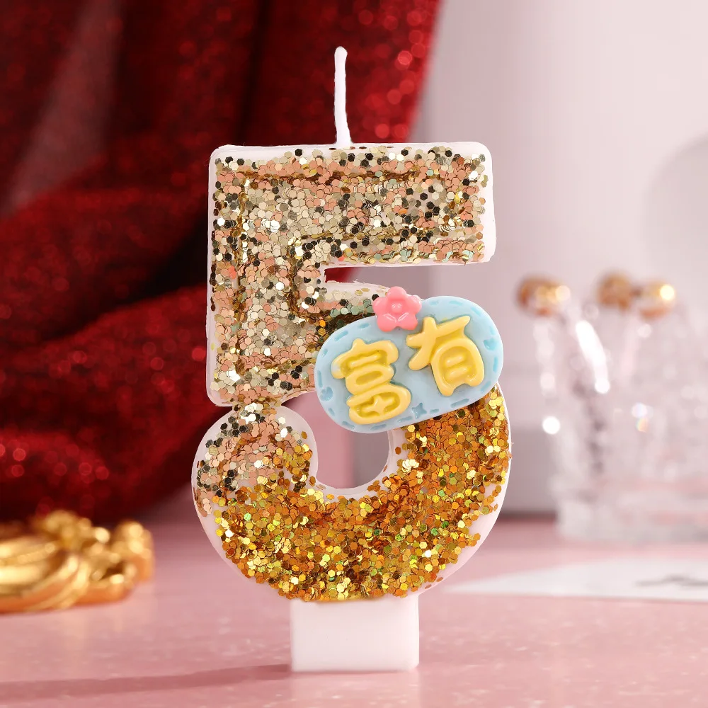 Signo de caracter chino "riquecido" vela Digital gradiente dorado lentejuelas postre pastel vela de cumpleaños enchufable, decoración de fiesta de Festival