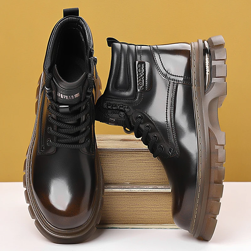 Classic Brand Genuine Leather Chelsea Boots Men Winter Warm Plush Mens Shoes Ankle Boot Thick Soled Fashionable Motorcycle Boots image 2