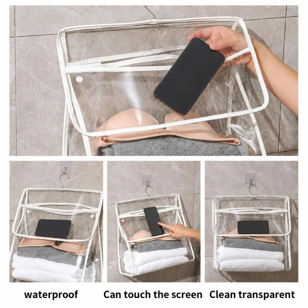 Waterproof Hanging Clothes Bag Touchscreen Phone Pocket Transparent Bathroom Storage Bag Large Capacity Shower Clothes Organizer