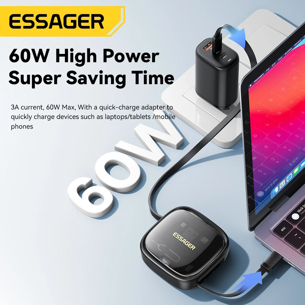 Essager-Cable USB tipo C de carga rápida para iPhone, Xiaomi, Samsung, Cable de datos con soporte, caja de almacenamiento, PD, 60W