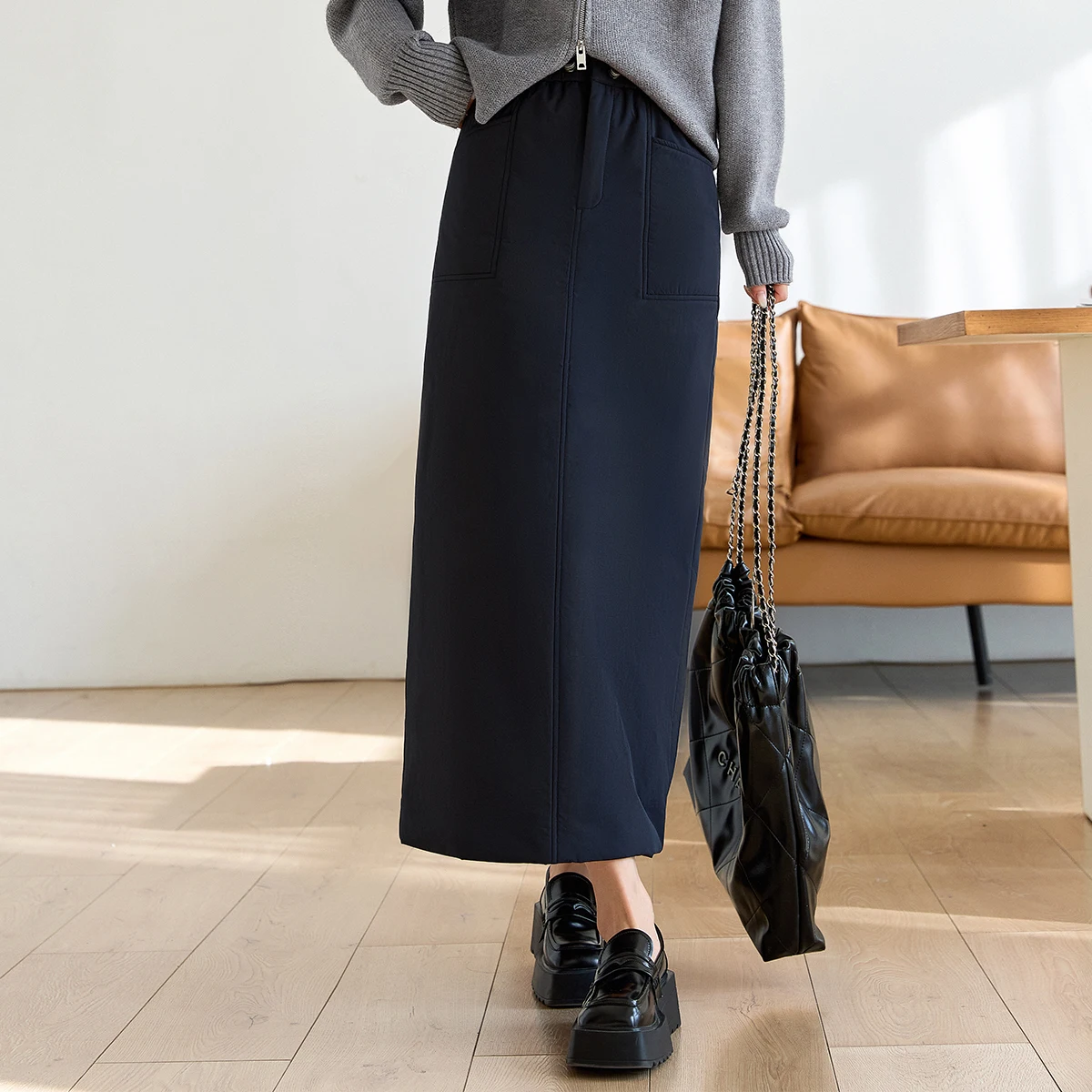 Vimly azul marinho midi saia casual acolchoado em linha reta senhoras saias inverno 2025 senhora do escritório grosso volta fenda saias femininas m9567