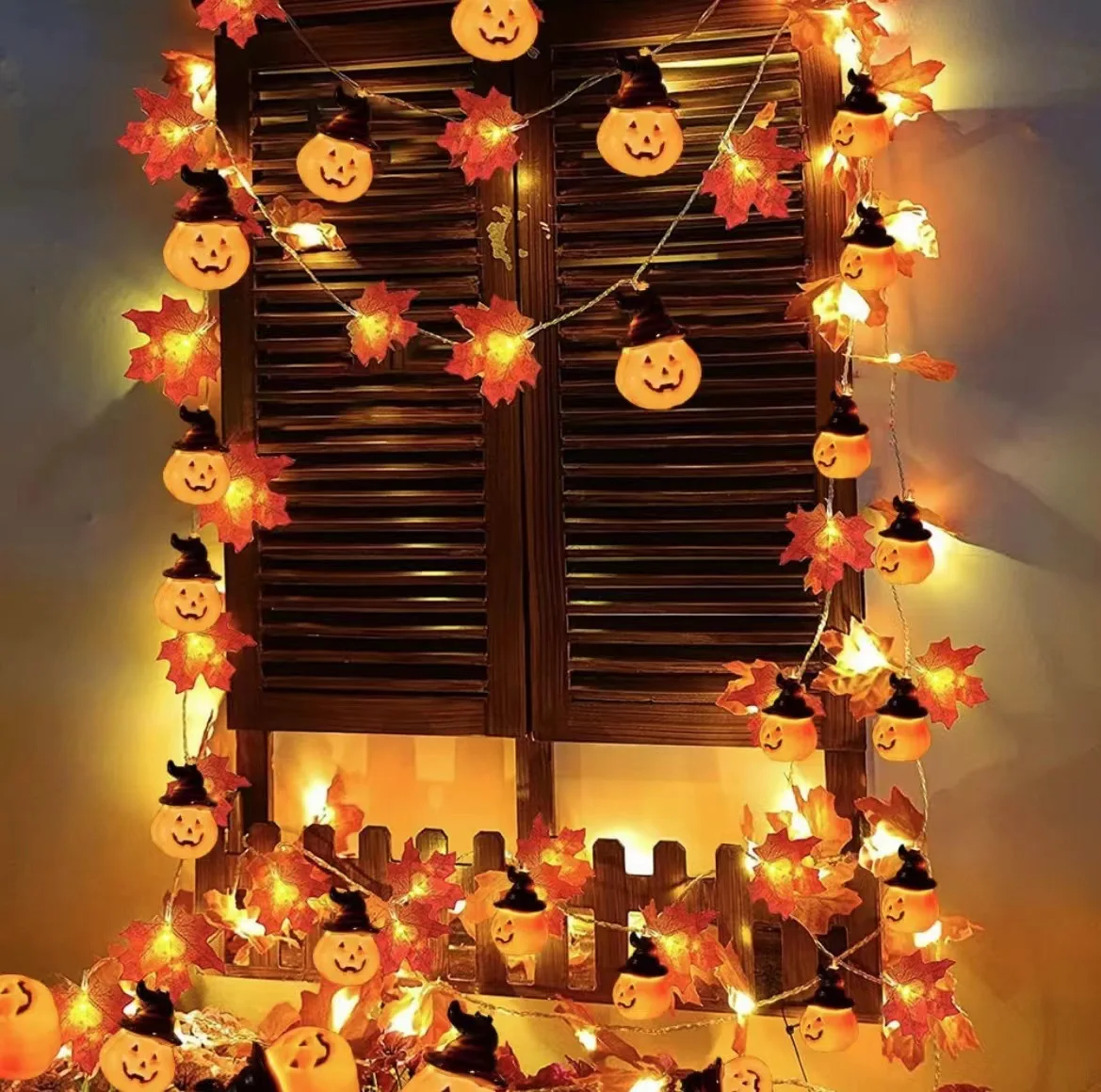 Artificial Autumn Maple Leaves Pumpkin Garland Led Fairy Lights Fall Decorations Halloween Thanksgiving Party Home Decor Props