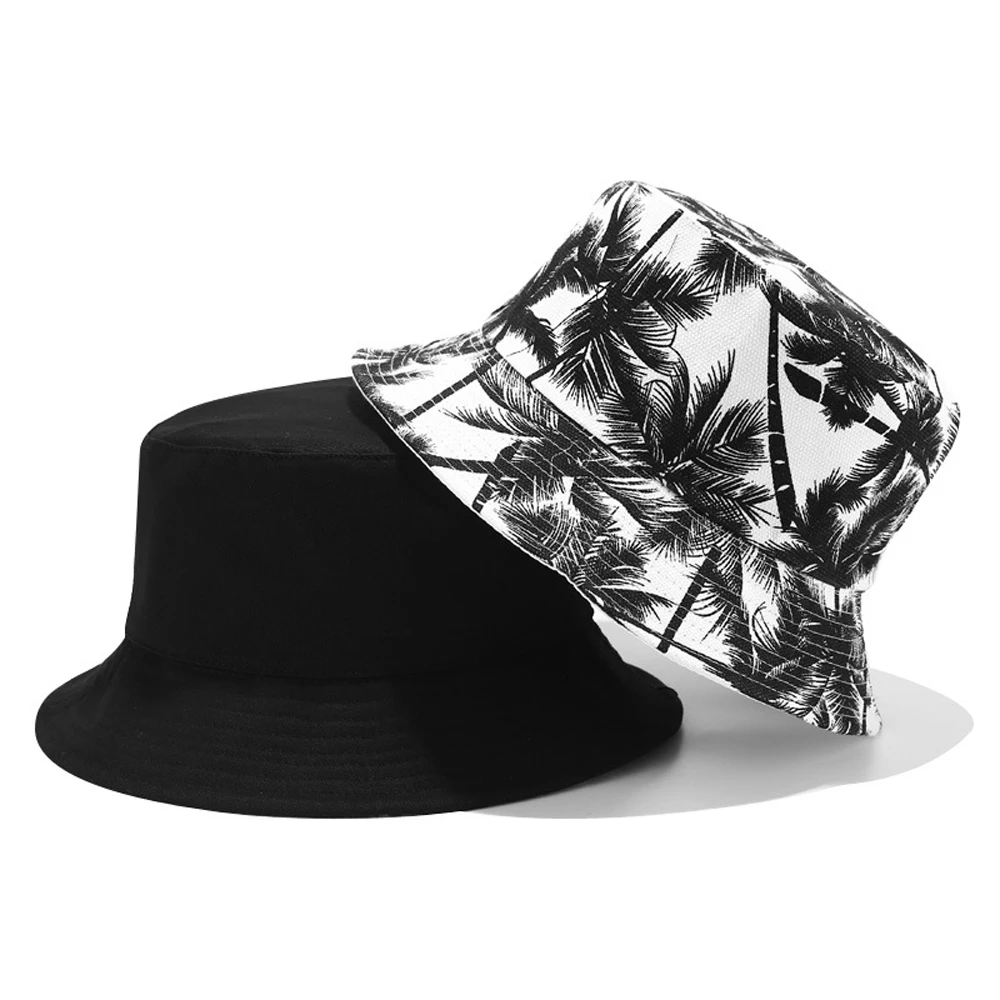 Fashion Reversible Bucket Hat Unisex Summer Coconut Tree Printed Fisherman Cap Black White