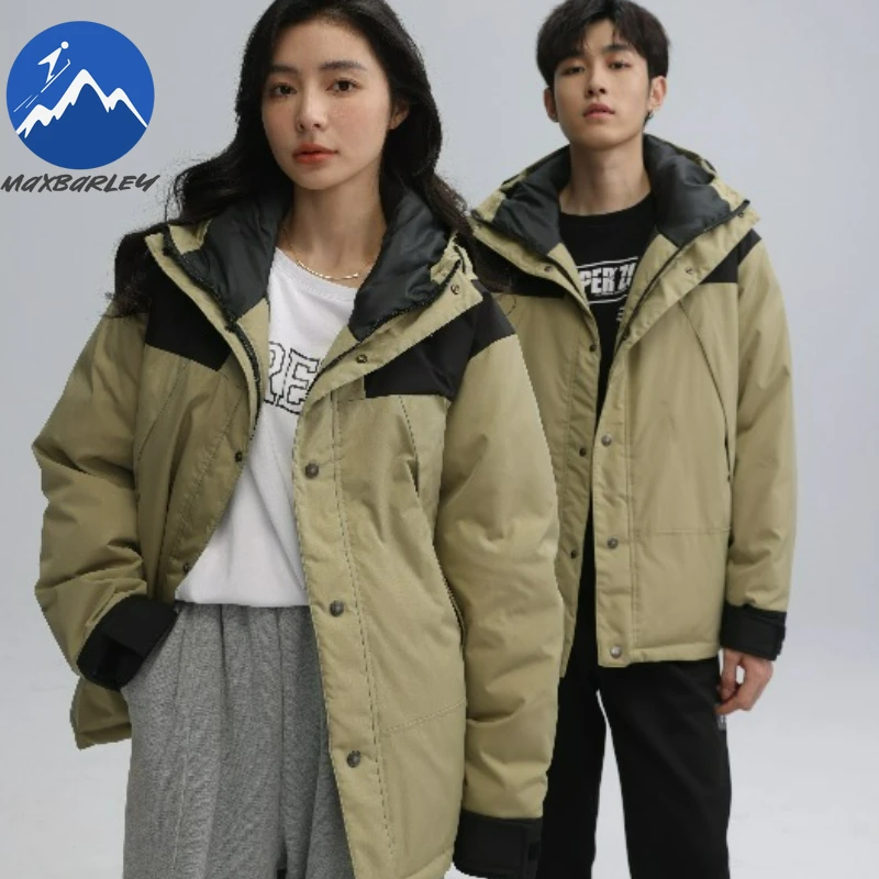 Maxbarley Unisex Down Jacket Premium Hood Outdoor Mountaineering Warm Parka Splicing Design Hiking Windproof Winter Puffer Coat