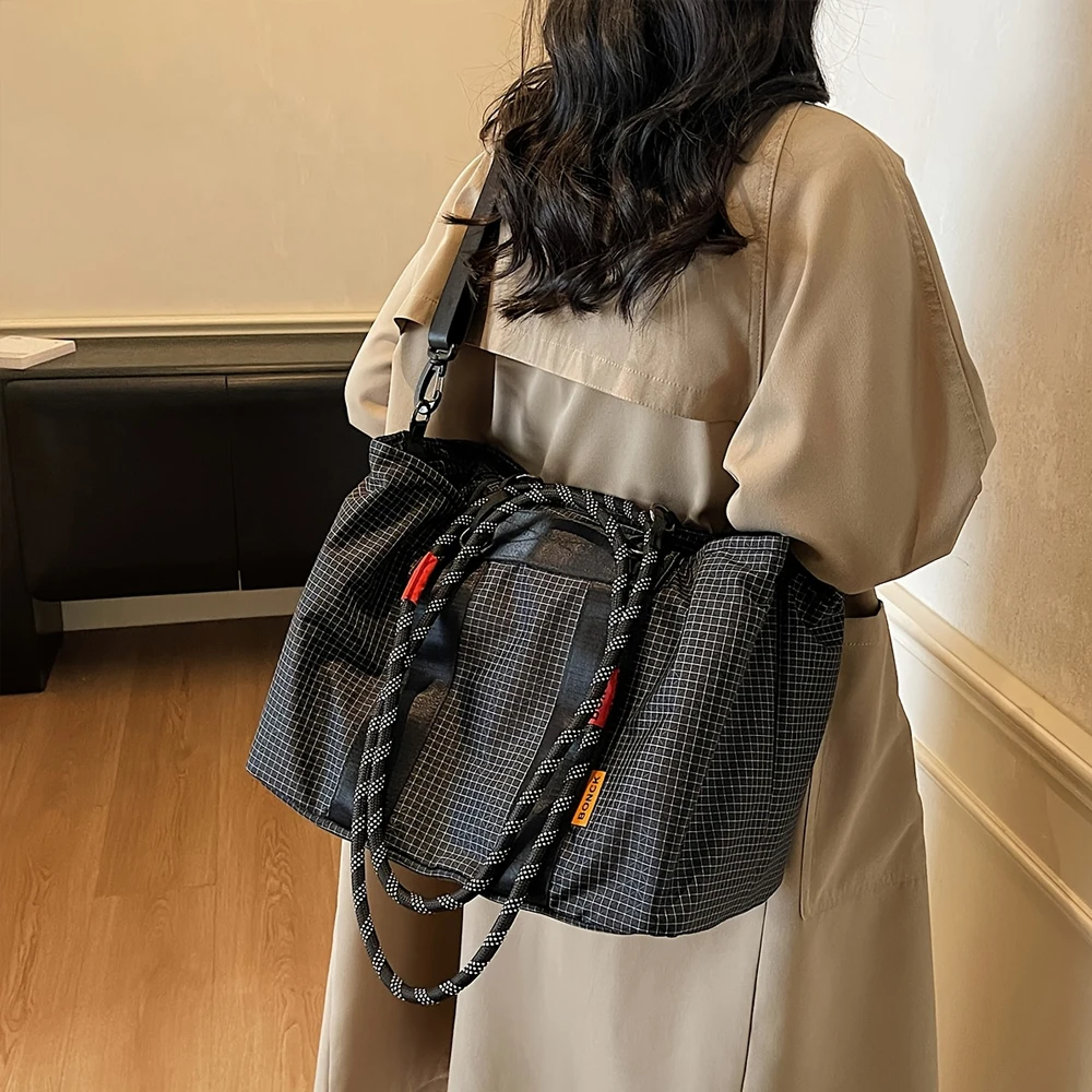 

Aesthetic Checkered Nylon Tote Bag, Spacious Multi-way Crossbody with Drawstring Closure for Work & Everyday Use