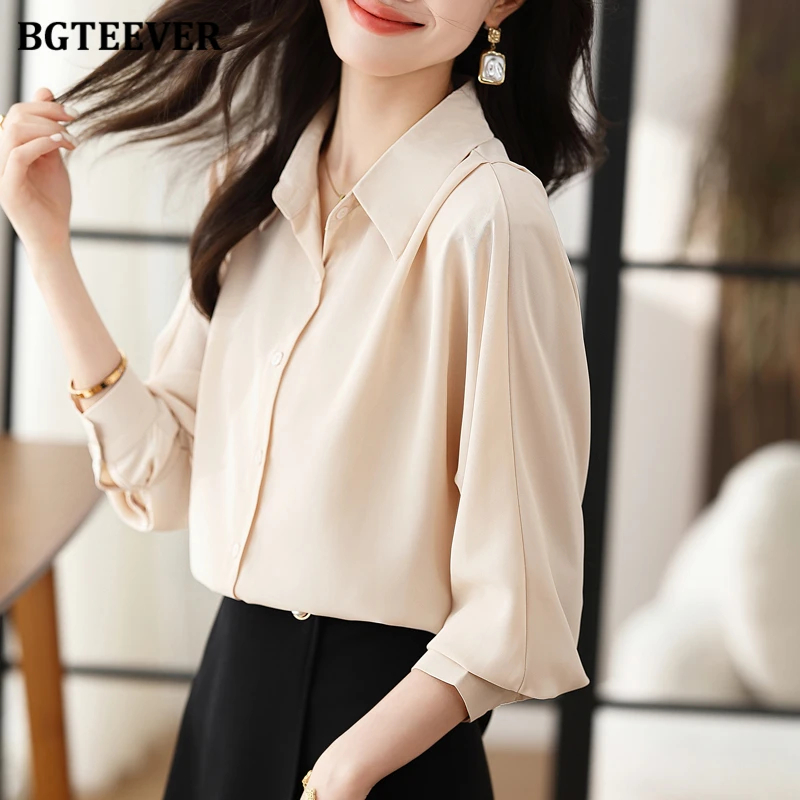 

BGTEEVER Chic Elegant Lapel Long Sleeve Women Solid Chiffon Shirts Spring Stylish Loose Female Single-breasted Blouses Tops