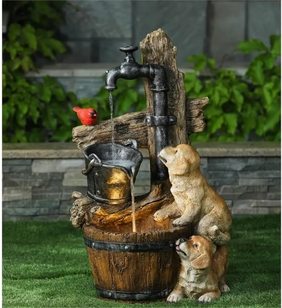 Water Fountain Outdoor, 3 Tiered Puppies and Water Pump Resin Outdoor Fountains and Waterfalls, Water Fountains