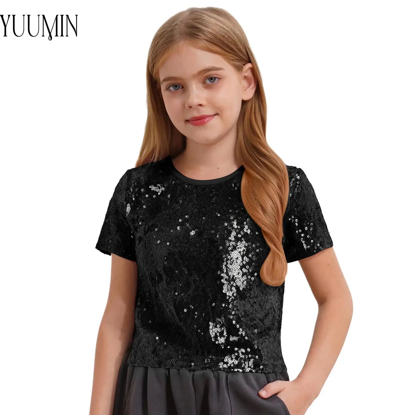 

Children Jazz Hip-Hop Dance Costume Tops Short Sleeve Sequin Crop Top Girls Dance Party School Show Performance Fashion Costumes