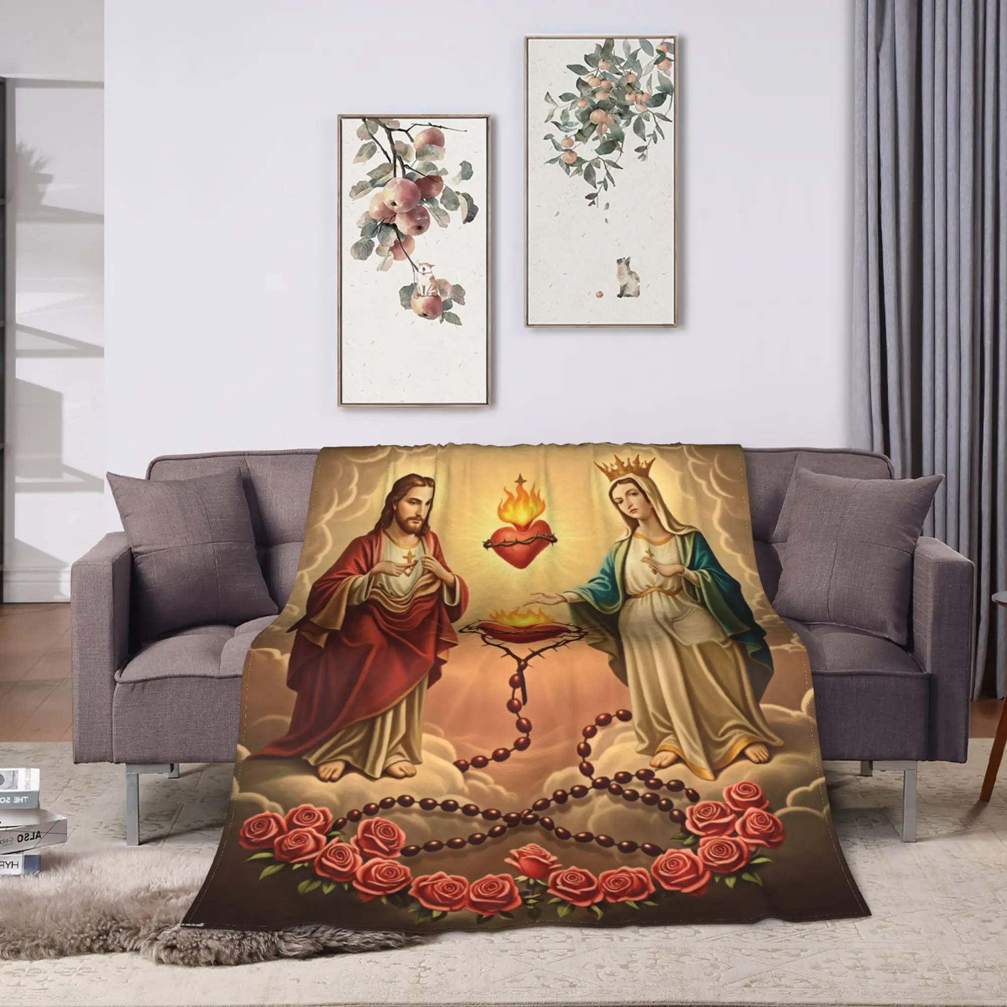 Sacred Heart of Jesus and Immaculate Heart of Mary Flannel Blanket Kids Adults  Warm Soft Throw Blanket Spring Sofa Bed Cover