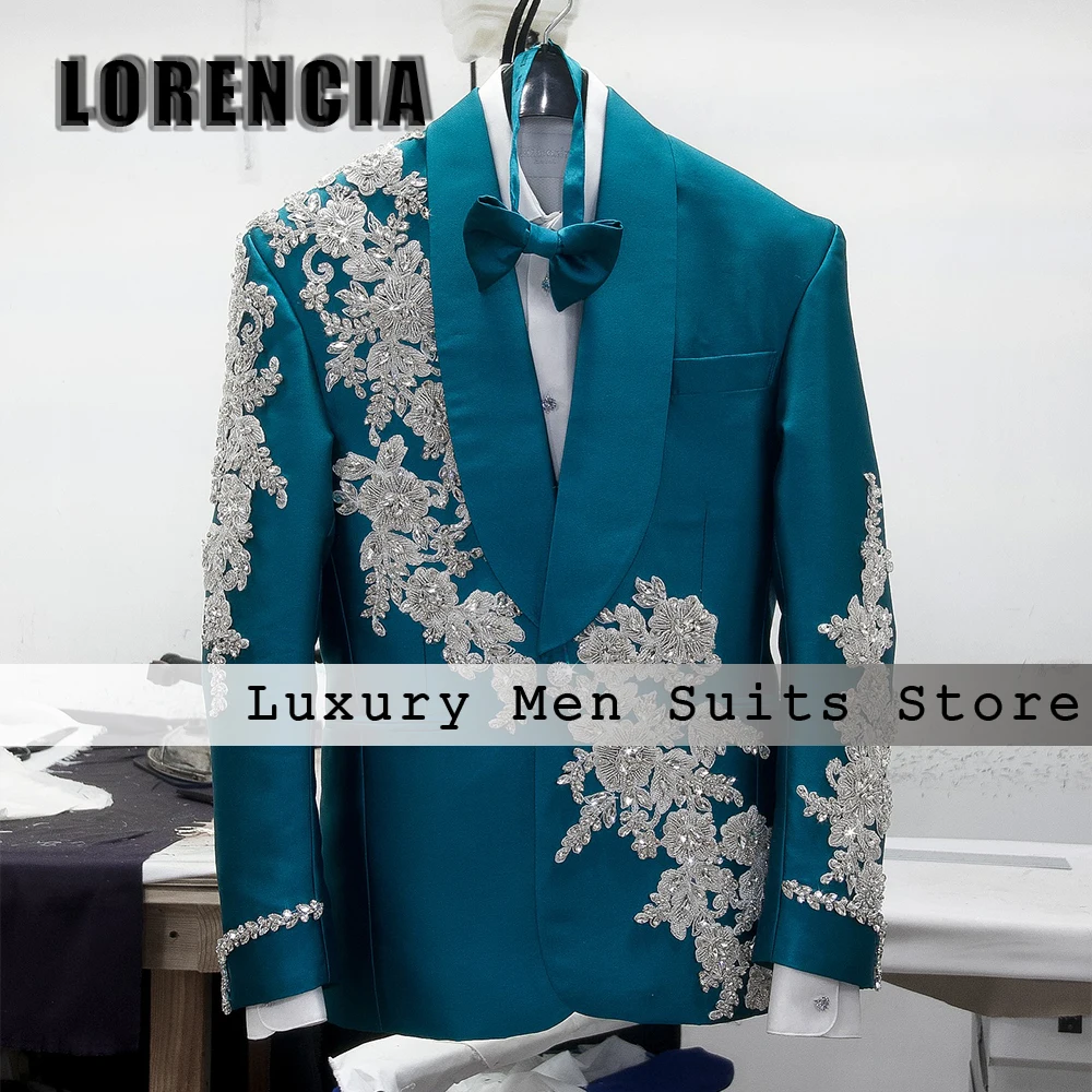 

Glitter Rhinestone Suits for Men 2 Pieces Shawl Collar Tuxedos Wedding Groom Customized Blazer Pants fatos de homem Male Cloth