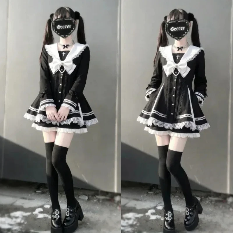 

Japanese Jirai Kei Sailor Black Dress Lace Patchwork Slim Fit Dresses Shorts Suit Lolita JK School Uniform Nun Cosplay