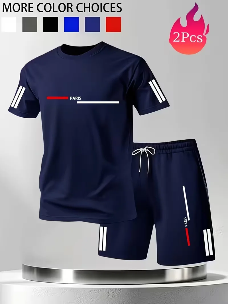 Men's sports two-piece set short sleeved T-shirt and shorts running and fitness sportswear summer promotion latest hot selling