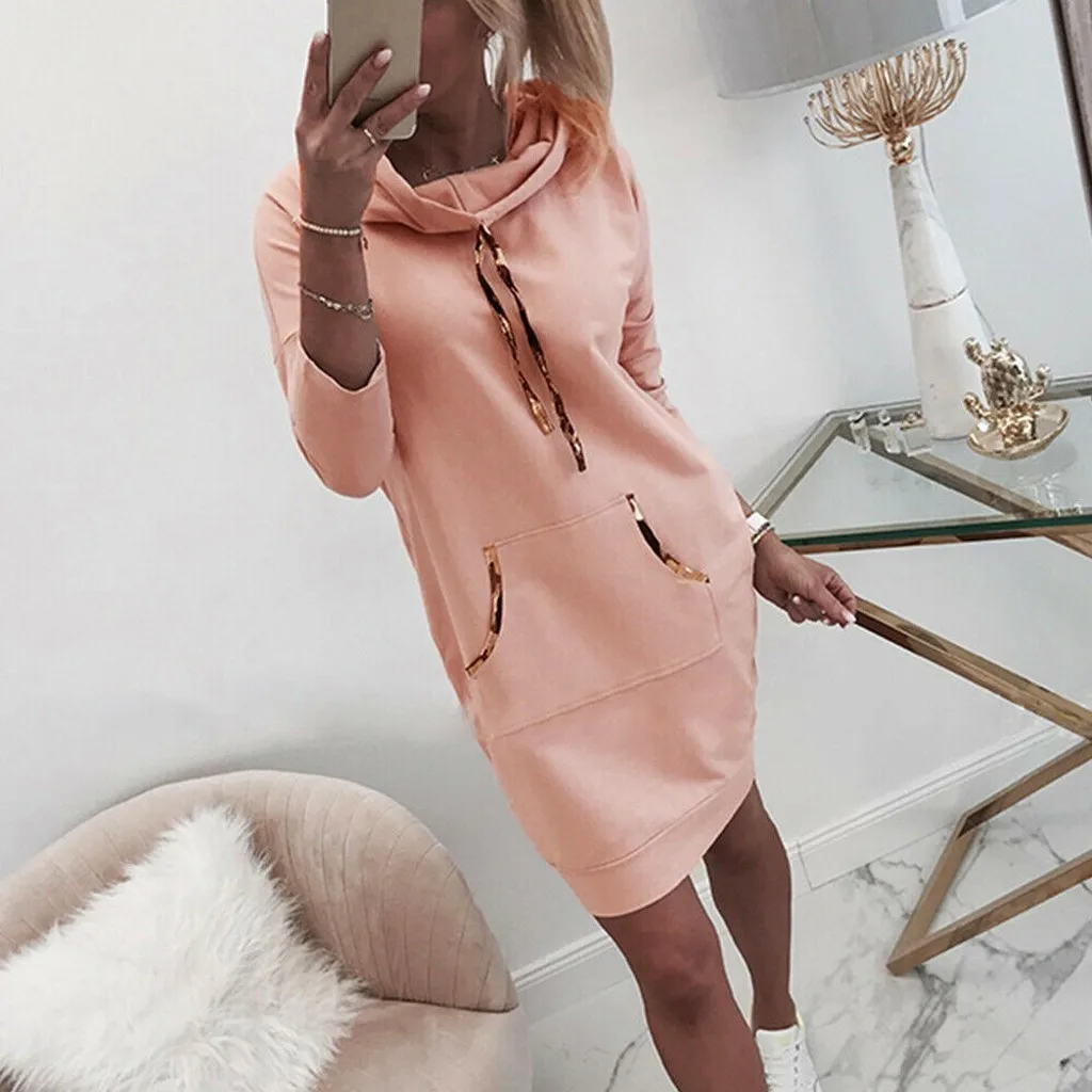 

Loose Casual Solid Colour Sweatshirt Dress Women's Fashion High Neck Long Sleeved Pullover Dress Drawstring Hooded Dress