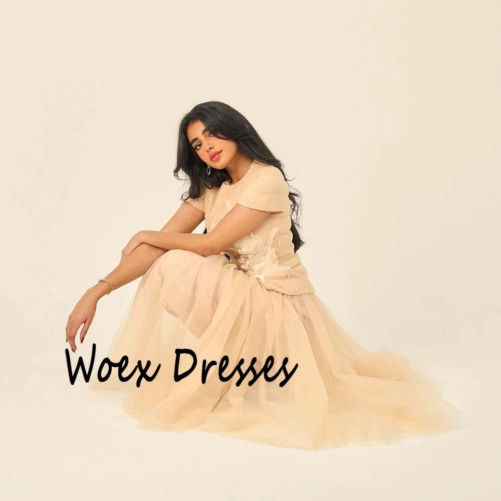 Customized O-neck Champagne A-line Jersey Evening Dress Short Sleeves With Appliques Party Gown Draped Tea-Length Prom Dress image 3