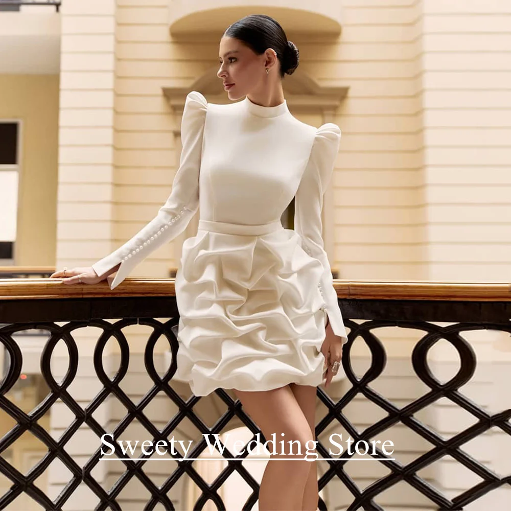 

Mini Lady Wedding Dresses Customized High Neck Full Sleeves Pearls Ruffles Skirt Short Civil Bridal Gown Dubai Marriage Dress