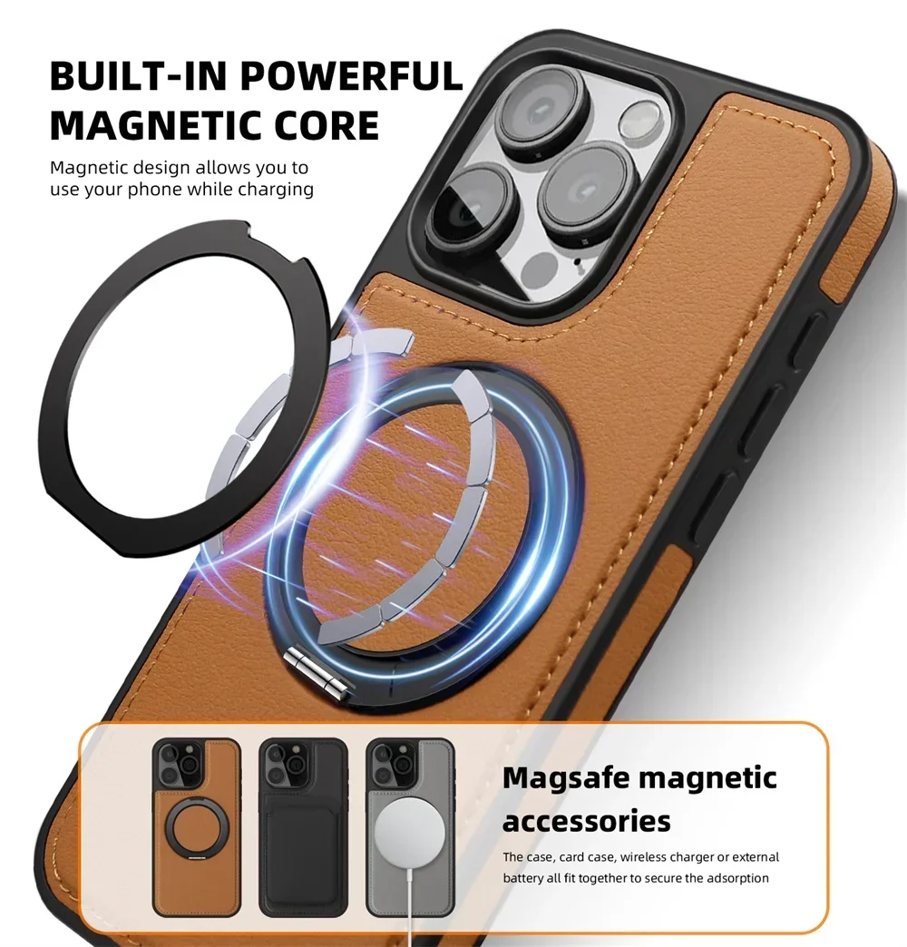 Business Leather Rotating Bracke Phone Case For iPhone 16 15 14 13 12 11 Pro Max Plus Magsafe Magnetic Ring Stand Holder Cover