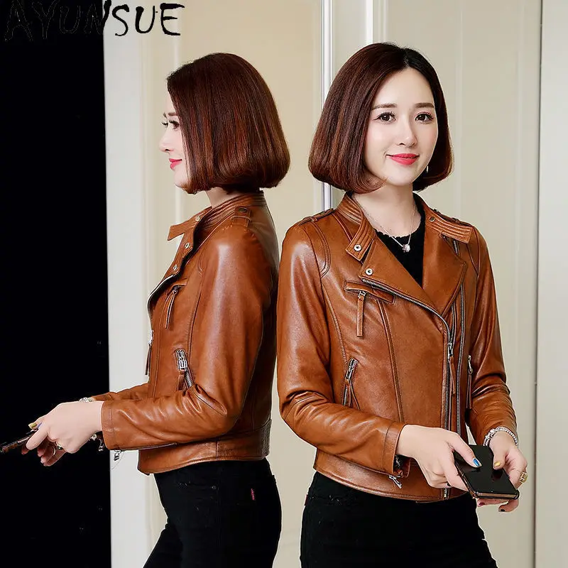 AYUNSUE Real Sheepskin Motocycle Jackets Genuine Leather Jacket Women 2025 Spring Autumn Clothes New in Coats Jaqueta De Couro