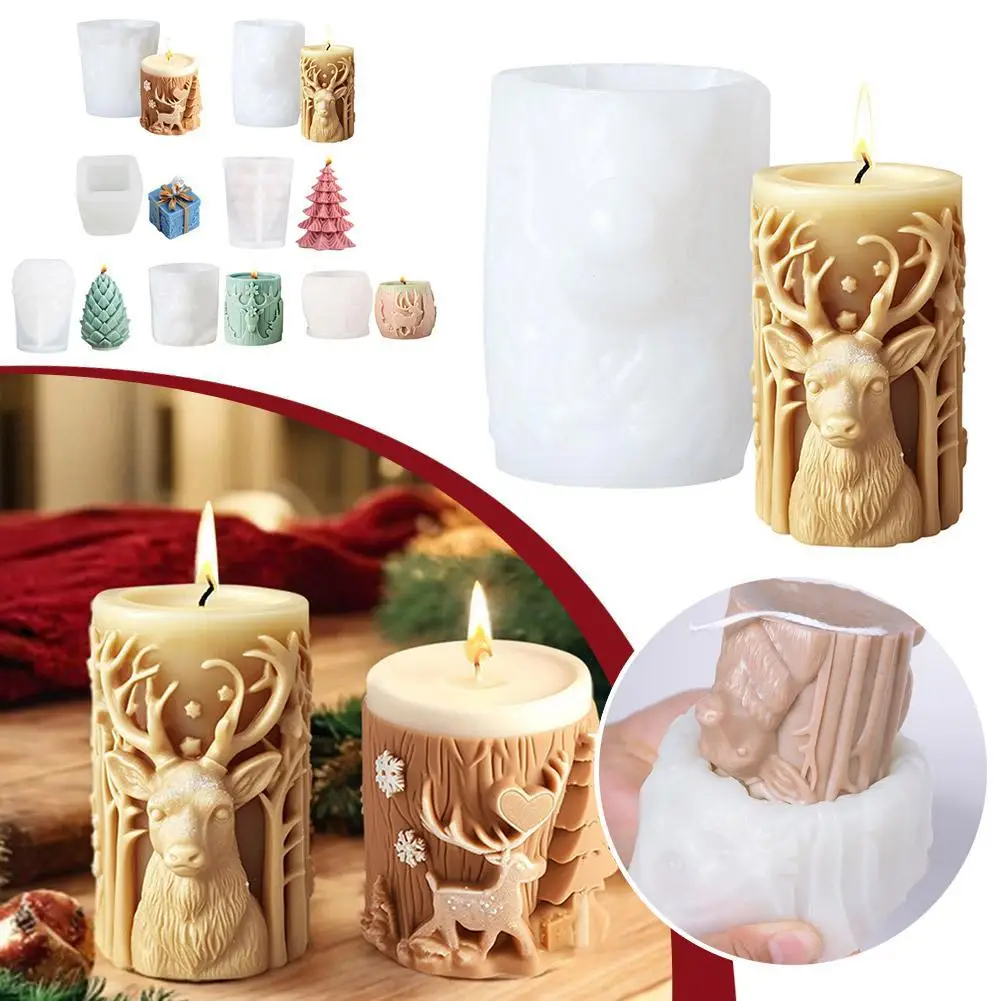 

Silicone Christmas Tree Carving Pattern Cylindrical Candle 3D Mold Reindeer Snowflake Cylindrical Elk Candle Mold