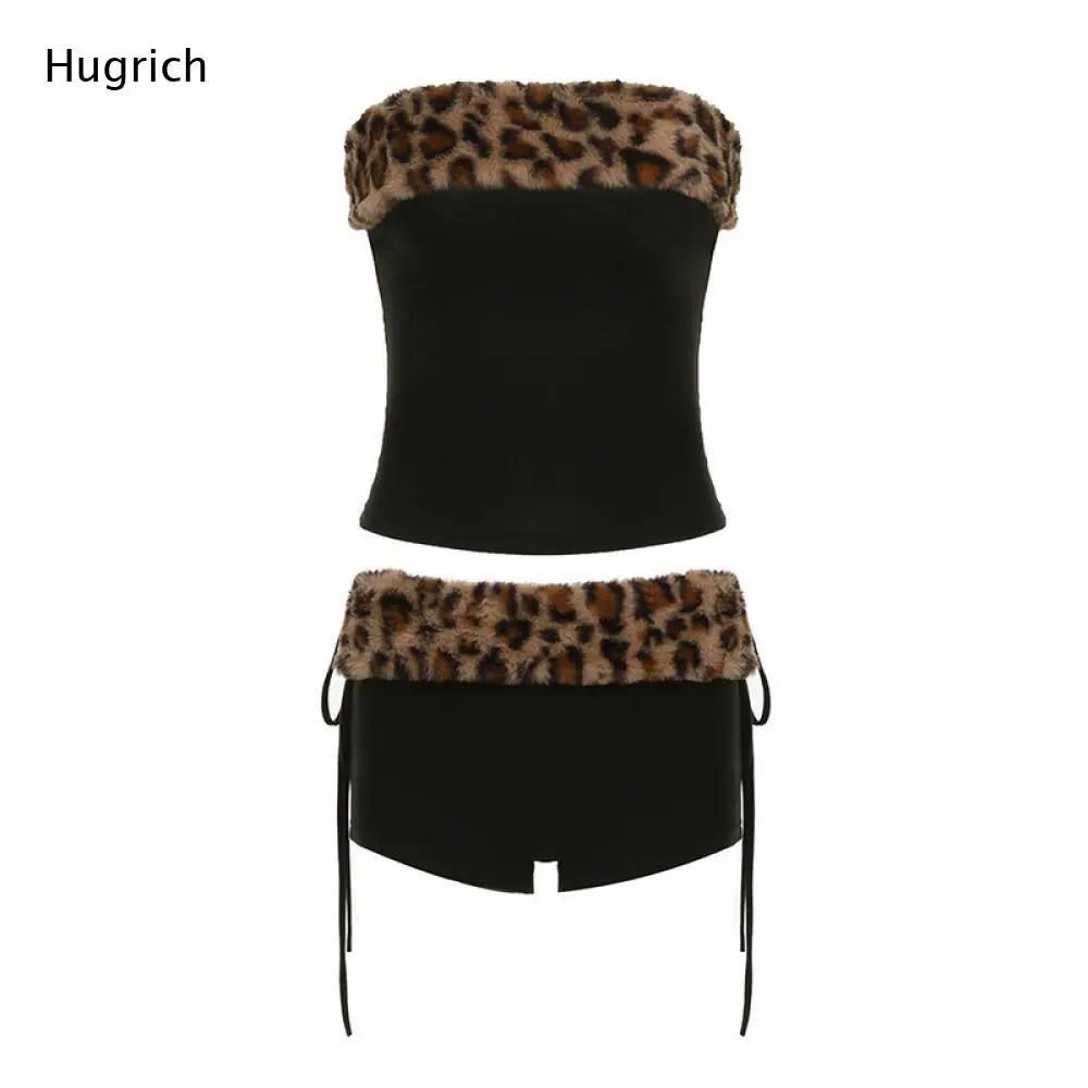 Fuzzy Leopard Trim Two Piece Set for Women Strapless Tube Top and Drawstring Shorts for Casual and Night Out