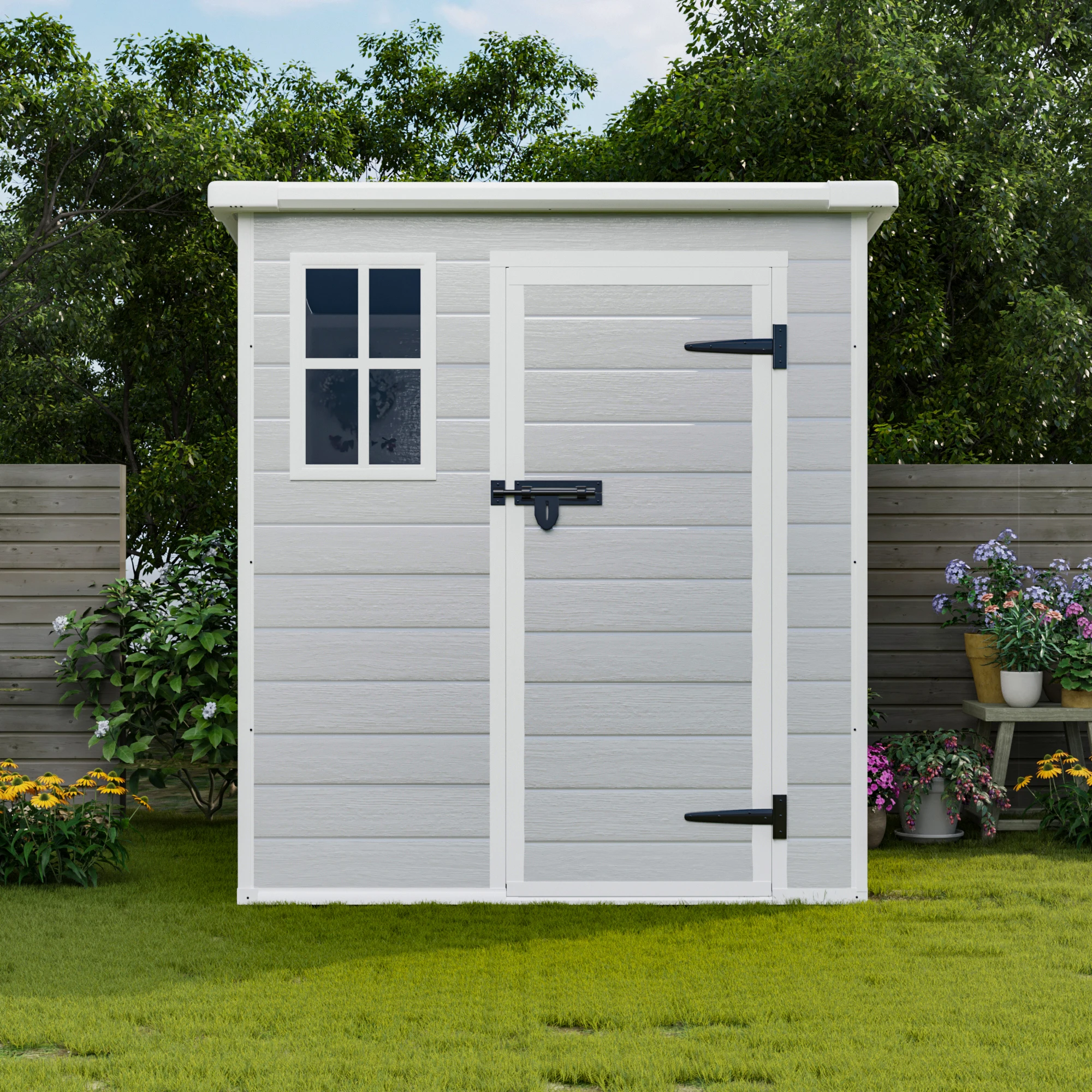 

Storage Shed, Waterproof Resin Outdoor Storage Shed with Floor & Window & Lockable Doors and Vents, Tool Shed for Bike, Garden