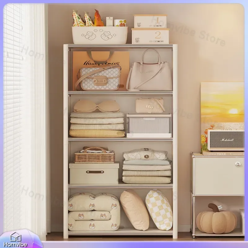 Simple Wardrobe Transparent Clothing Storage Cabinet Flip Top Multi Layer Locker Dustproof Large Capacity Strong Durable