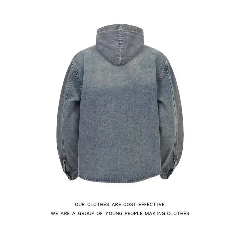 

Trendy Blue Denim Hooded irt Men's Spring 2025 Loose Jaet Haome Casual Cotton Long Sve No Brand Chinese Made