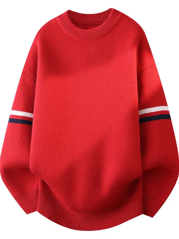 

Мужской вязаный свитер в красную полоску, повседневный, с круглым вырезом, базовый слой, модный, в корейском стиле, пуловер, осенний, утепленный