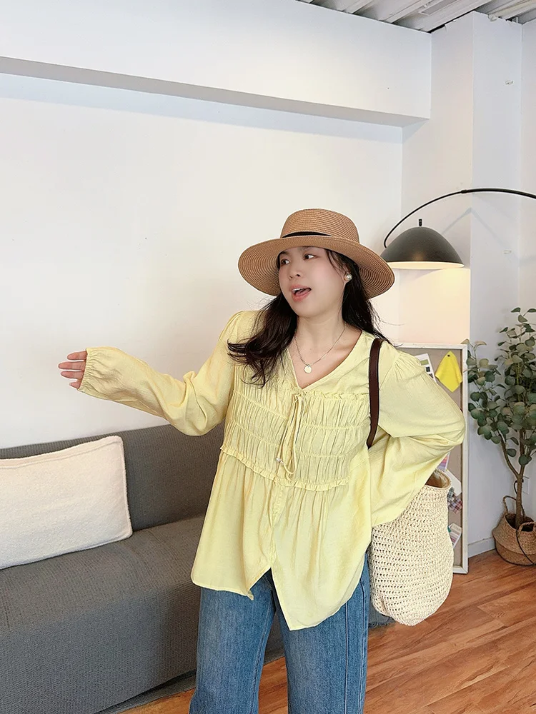 

Женская рубашка с кружевной отделкой и V-образным вырезом, с длинными рукавами, свободного кроя, дышащая, весна-лето, новый дизайн, большие размеры, с завязками на талии, тонкая.