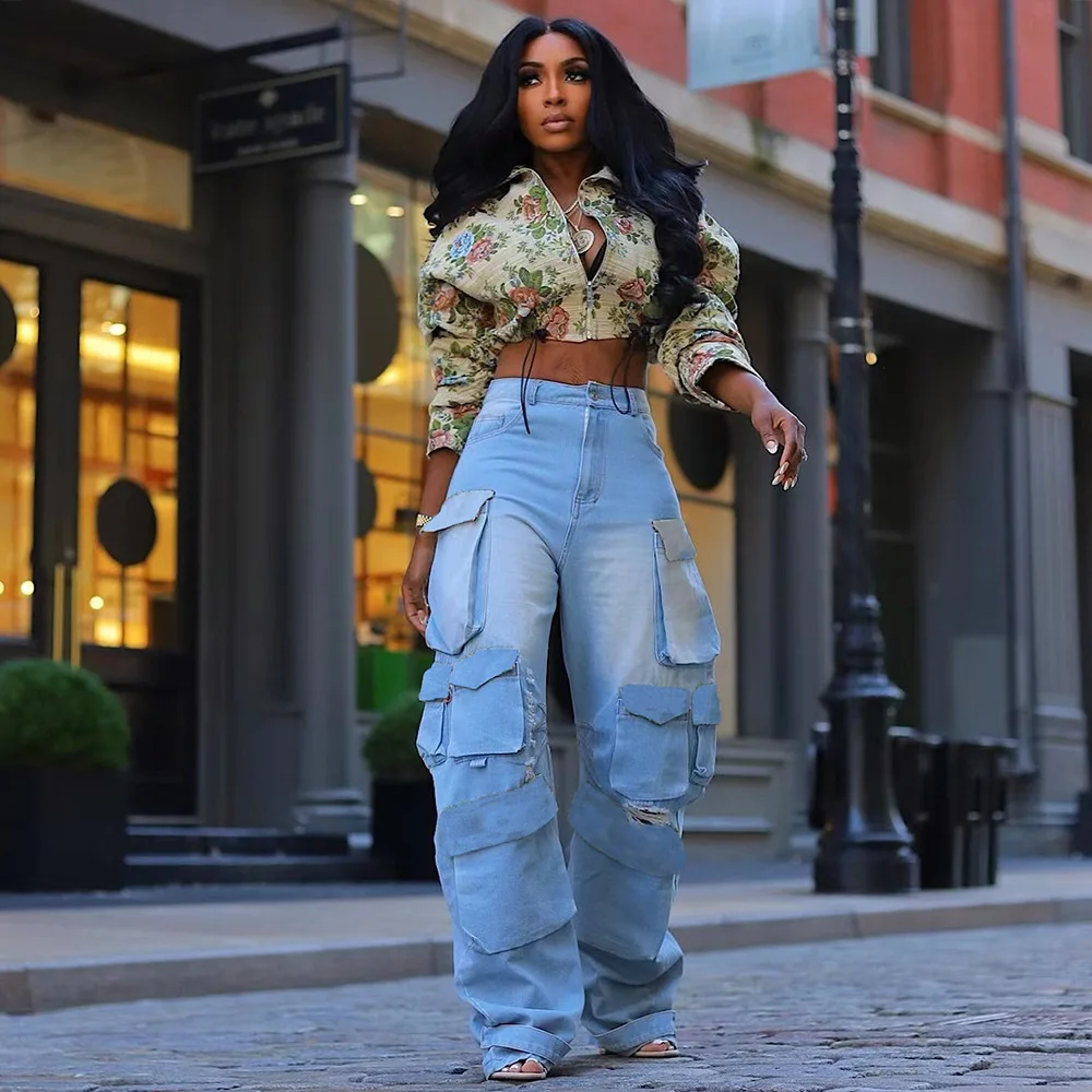 

Women Jackets Spring Fall Fashion Jacquard Pattern Long Sleeve Crop Jacket Streetwear Casual Lady Loose Drawstring Short Coats