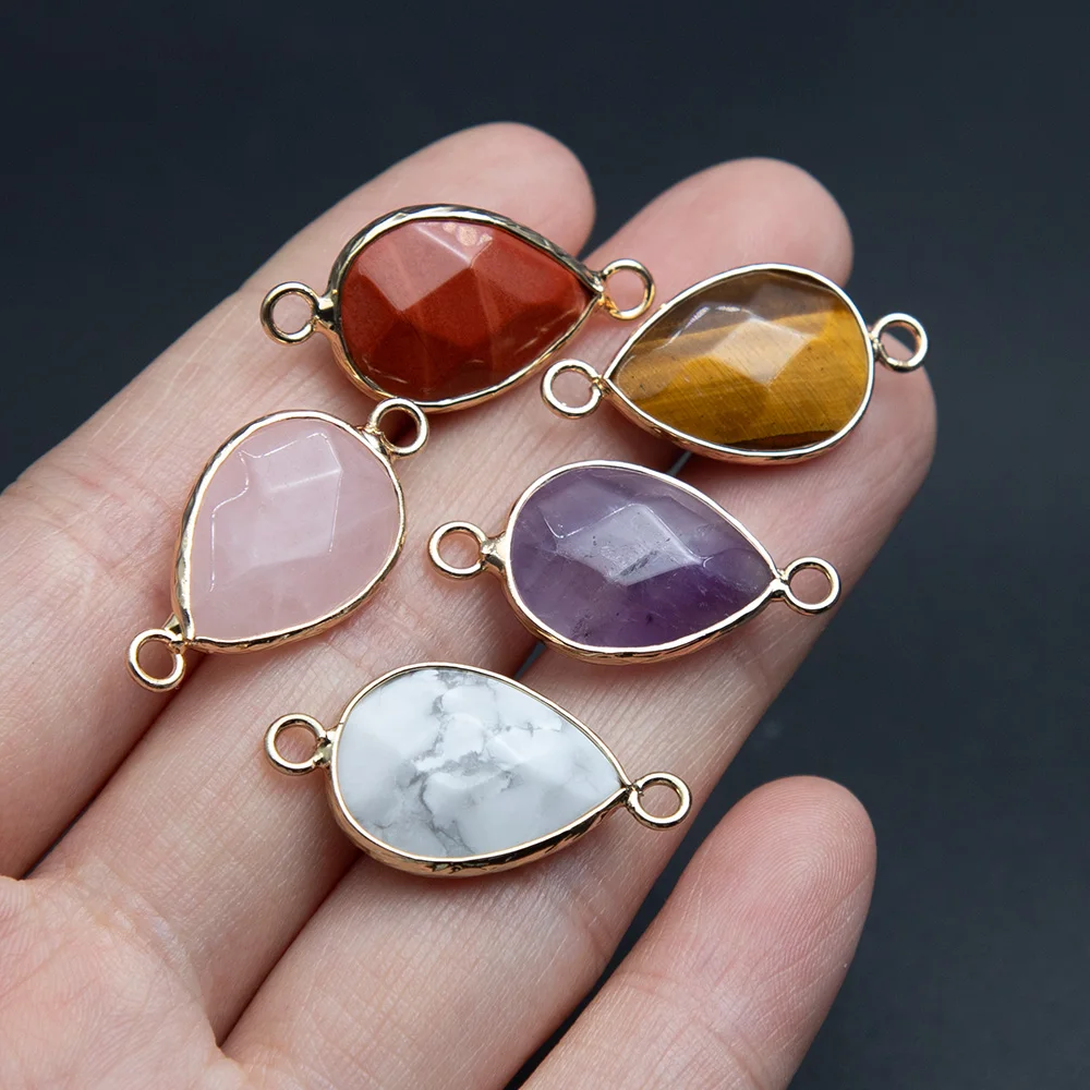 1PC 14x28mm Faceted Water Drop Shape Natural Gemstone Connector Golden Plated Charms 22 Colors For Necklace Earrings Accessories