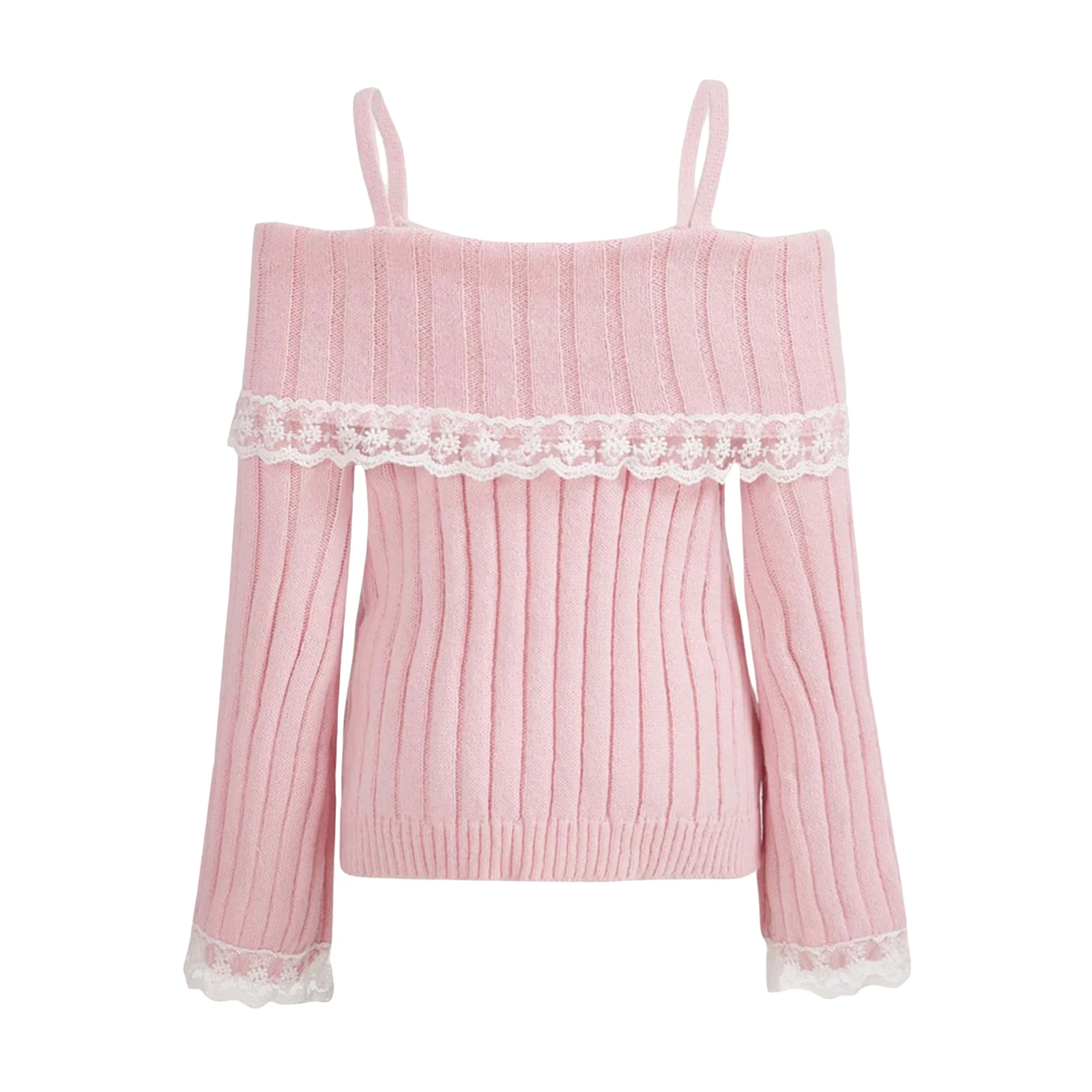 Women Off Shoulder Knit Sweater Solid Color Sweet Pullovers Long Sleeve Bow Lace Patchwork Cute Jumpers Club Streetwear Y2k