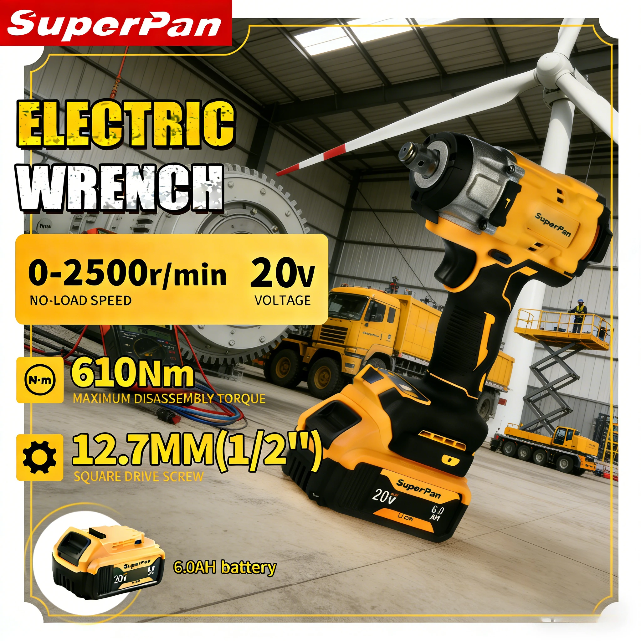 

Ударный гайковерт SuperPan SP922 с яркой светодиодной подсветкой для авторемонтных мастерских, совместим с аккумулятором DeWalt 20V