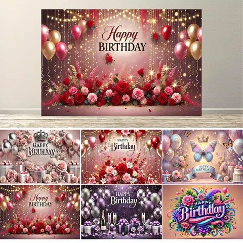 Birthday Backdrop Banner Glitter Rose Balloon Women Lady Party Decoration Props Photography Background Tapestry Dewprint
