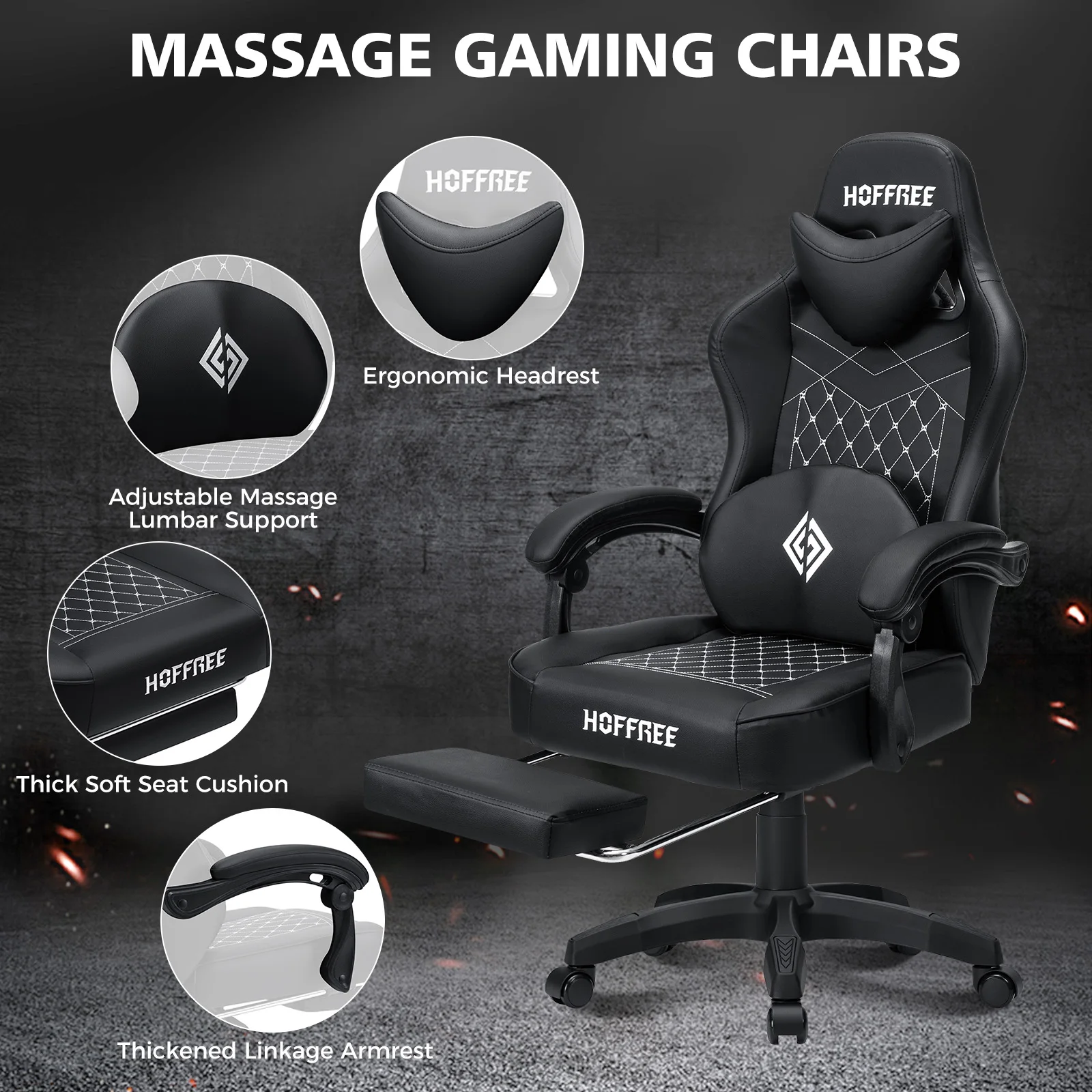 Gaming Chair PU Leather with Footrest Lumbar Cushion Headrest  Single Function Massage Height Adjustable Recline Chair Furniture