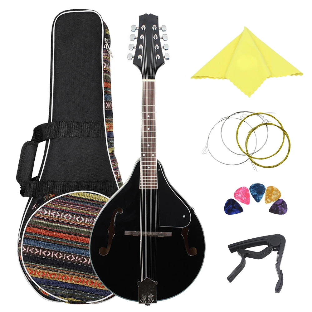 8 String Guitar A Style Acoustic Mandolin Beginners Adults Musical Instrument Gift Black Basswood Mandolin With Bag Picks Capo