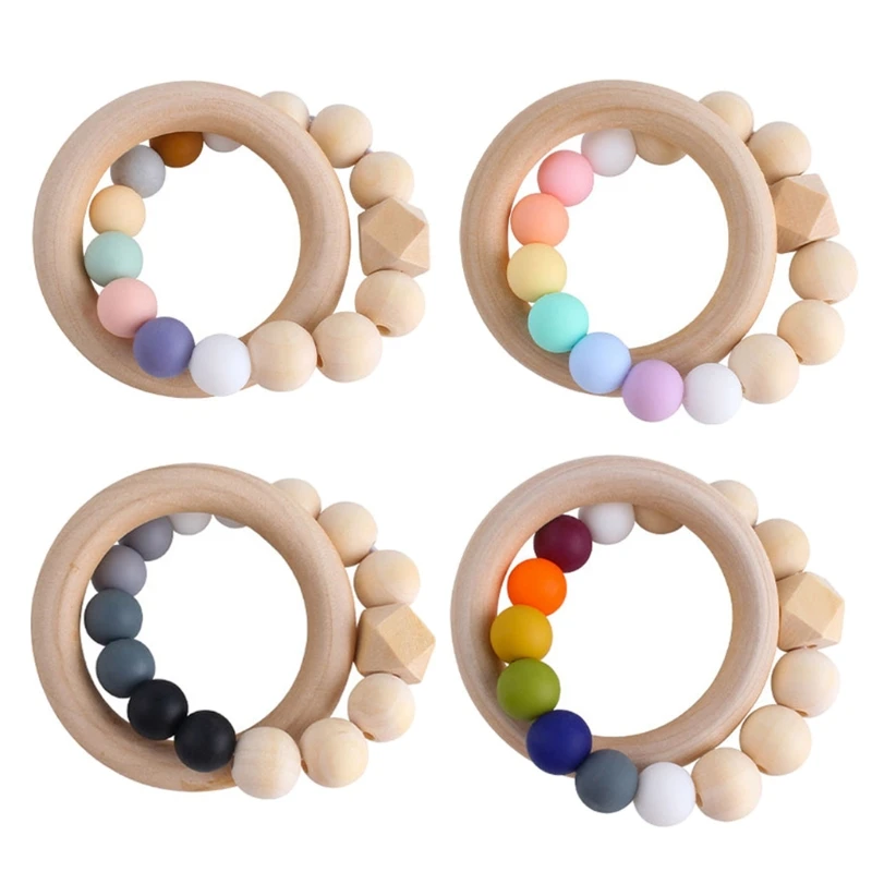 Q0KB Baby Teether Baby Nursing Bracelets Rainbow Candy Color Silicone Teether Wood Teething Rattles Nursing Toys Gift