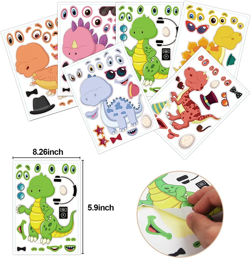 6-24Sheet Make A Face DIY Dinosur Jigsaw Stickers Kids Puzzle Game Party Supplies School Reward Sticker Boys Girls Gifts