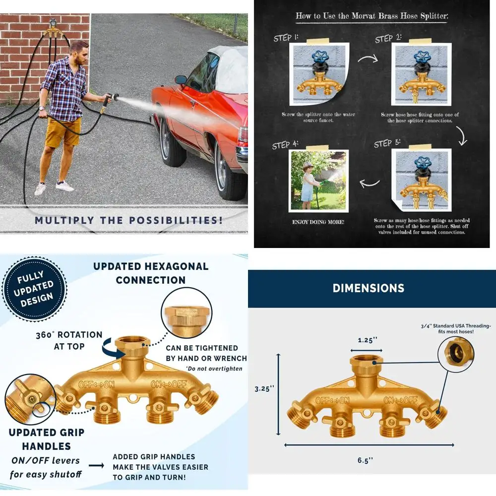 

Lead-Free Brass 4-Way Garden Hose Splitter with Heavy-Duty Design, Comfort Grip Valves, and 2-Pack Accessories