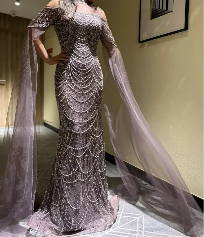 

Elegant Arabic Mermaid Evening Dresses Sheer Neck Pearl Beading Floor Length Women Formal Occasion Dress For Special Event Proms