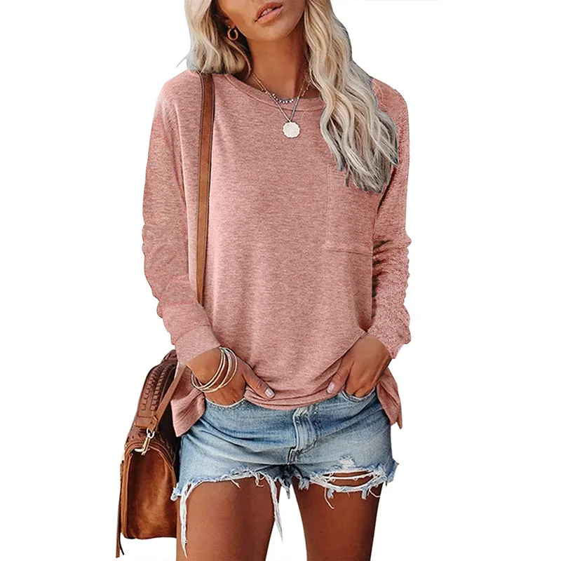 Autumn and Winter New Women\'s Round Neck Pullover Pure Color Cotton Sweater Loose Casual Top T-shirt All-match