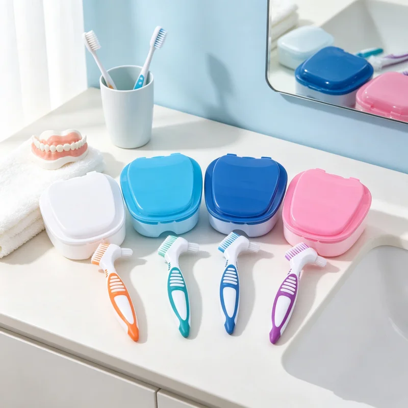 Portable Denture Bath Box False Teeth Storage Case With Hanging Net Container Dental Retainer Cleaning Organizer For Home Travel