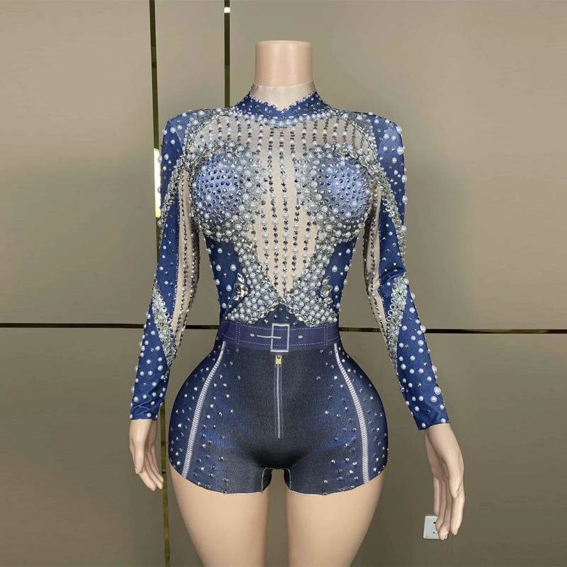 

Pearls Rhinestones Bodysuit Singer Stage Costume Stretch Bodysuit Drag Queen Show Clothing Party Outfit Gogo Dancewear VDB7878