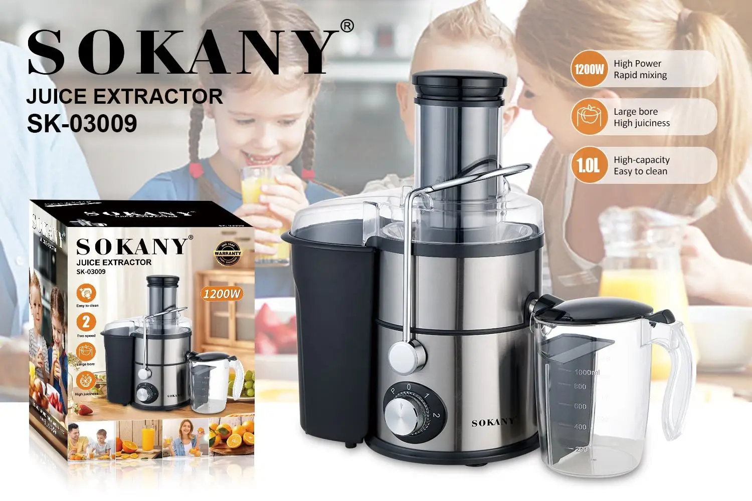 Sokany SK-03009 Electric Twin Gear Automatic Fruit Juicer Motor Slow Masticating Juicer with Low Noise