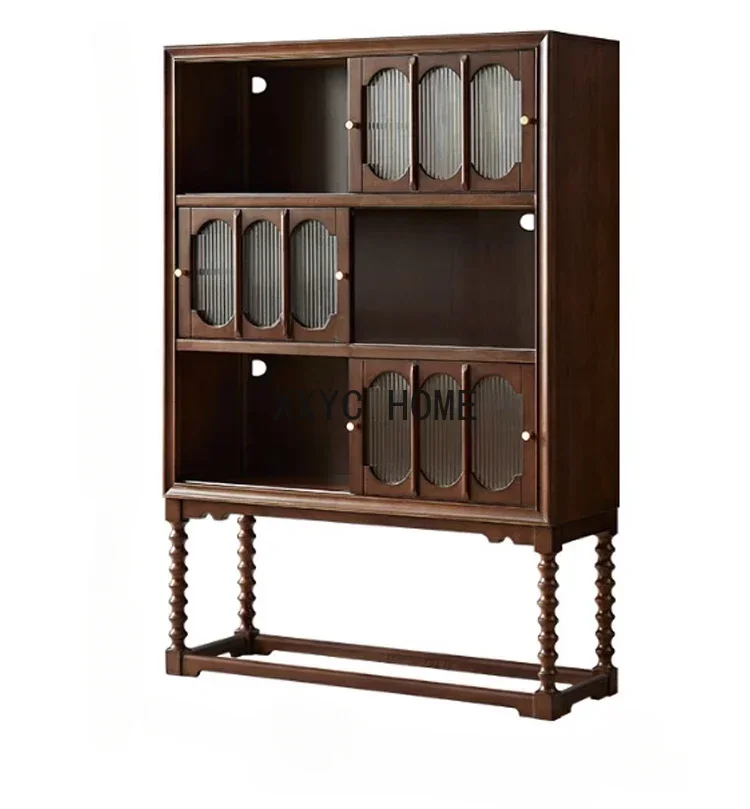 French Retro Solid Wood Sideboard Storage High Foot Cabinet Push-Pull Wine Cabinet American Light Luxury Entrance Cabinet