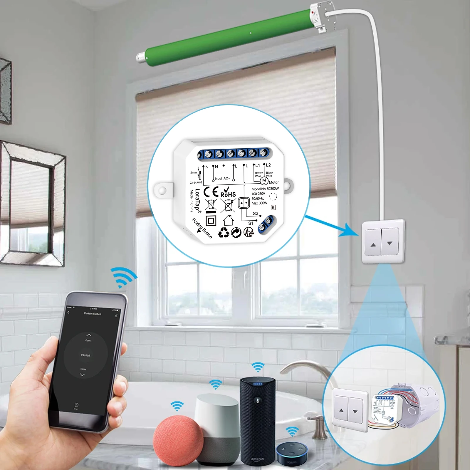 LoraTap Tuya Smart Life Curtain Blinds Roller Shutter Switch Relay Module App Remote Control Work with Alexa Google Assistant